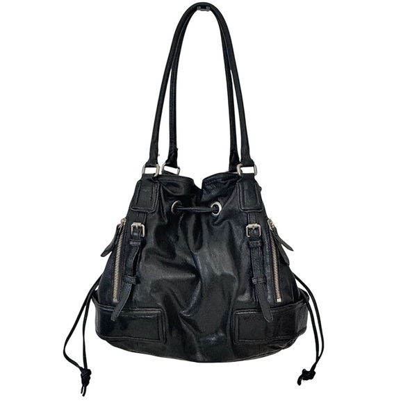 Cole Haan Handbags - Cole Haan Drawstring Hobo Bag Black Leather Large Shoulder Bag Silver Hardware